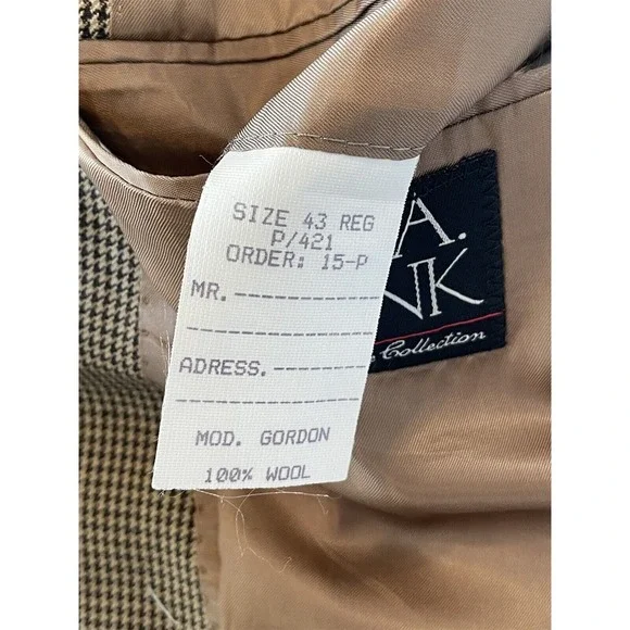 Jos A Bank Signature 43R Tan & Black Houndstooth 100% Wool‎ 2Btn Blazer Jacket